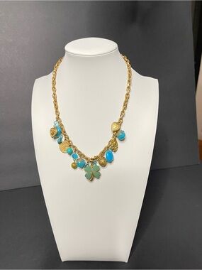 Gold-Tone Turquoise Charm Necklace with Clover Pendant